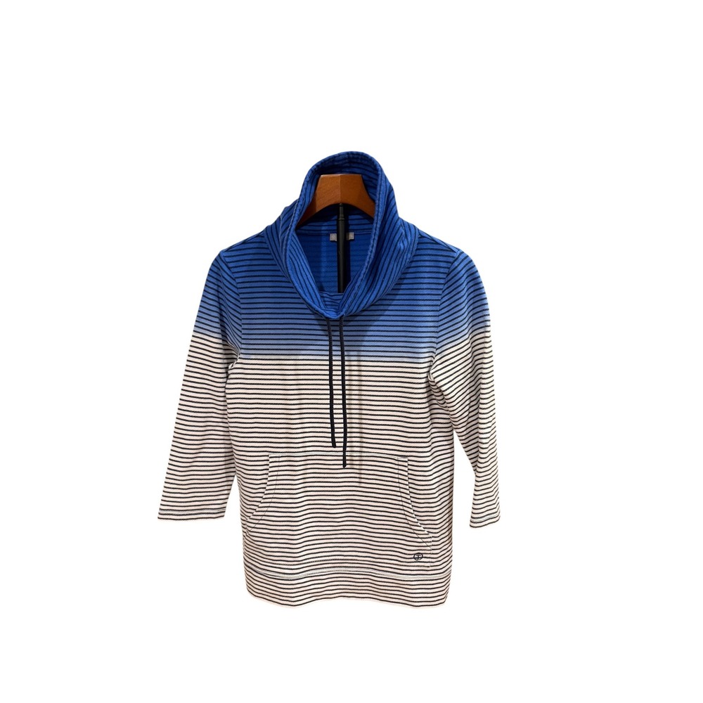 T by Talbots Womens Blue White Ombre Striped Cowl Neck Pullover Sweatshirt S